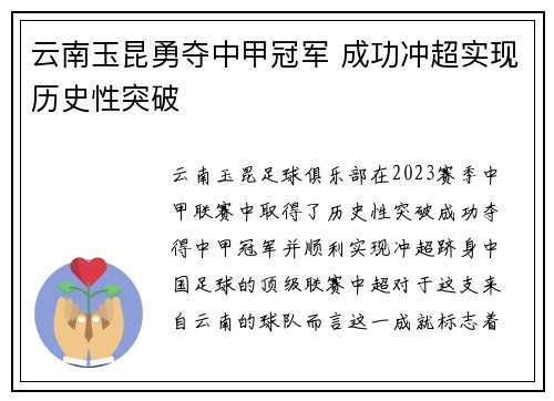 云南玉昆勇夺中甲冠军 成功冲超实现历史性突破