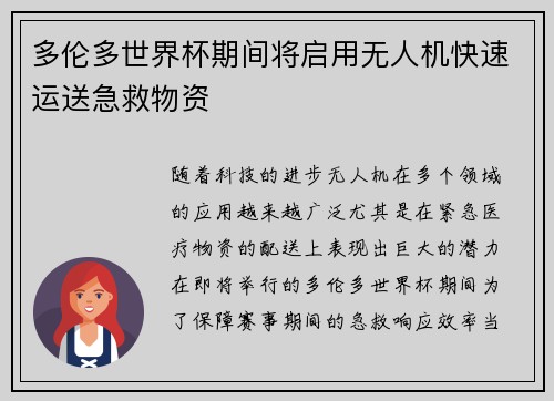 多伦多世界杯期间将启用无人机快速运送急救物资